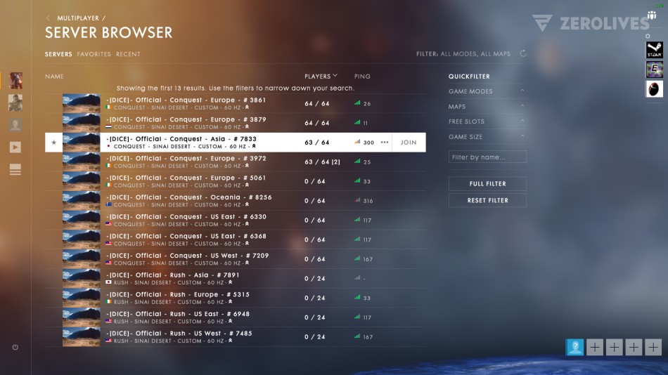 A closer look at Battlefield 1's in-game server browser